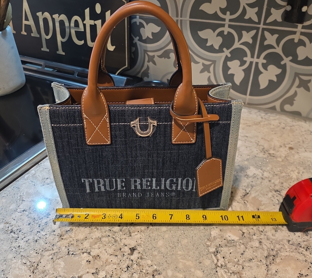 True Religion Denim Tote with Tan Leather Handles and Logo Accent